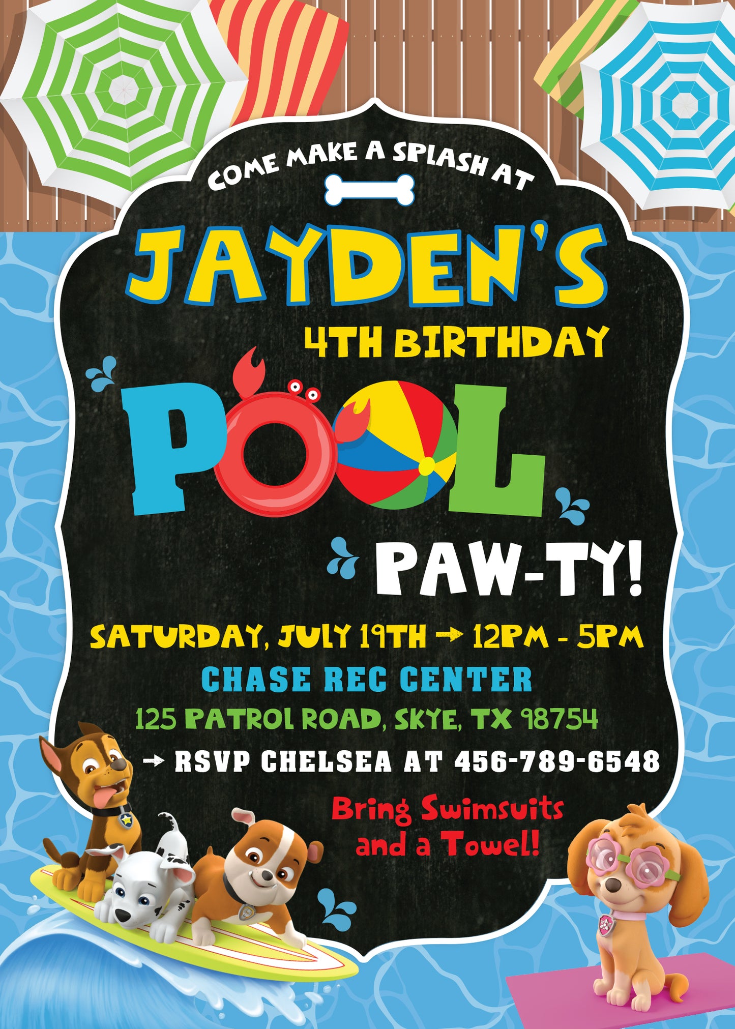 PAW PATROL Pool and Swim Party Birthday Invitation with or without Photo - Printed or Digital File!
