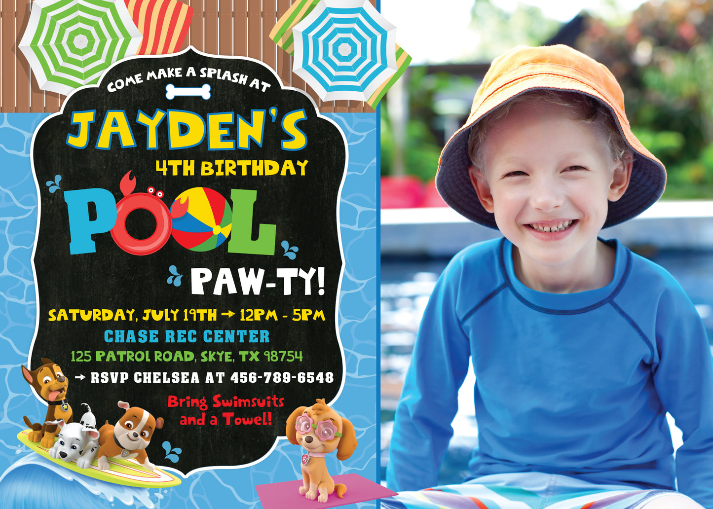 PAW PATROL Pool and Swim Party Birthday Invitation with or without Photo - Printed or Digital File!