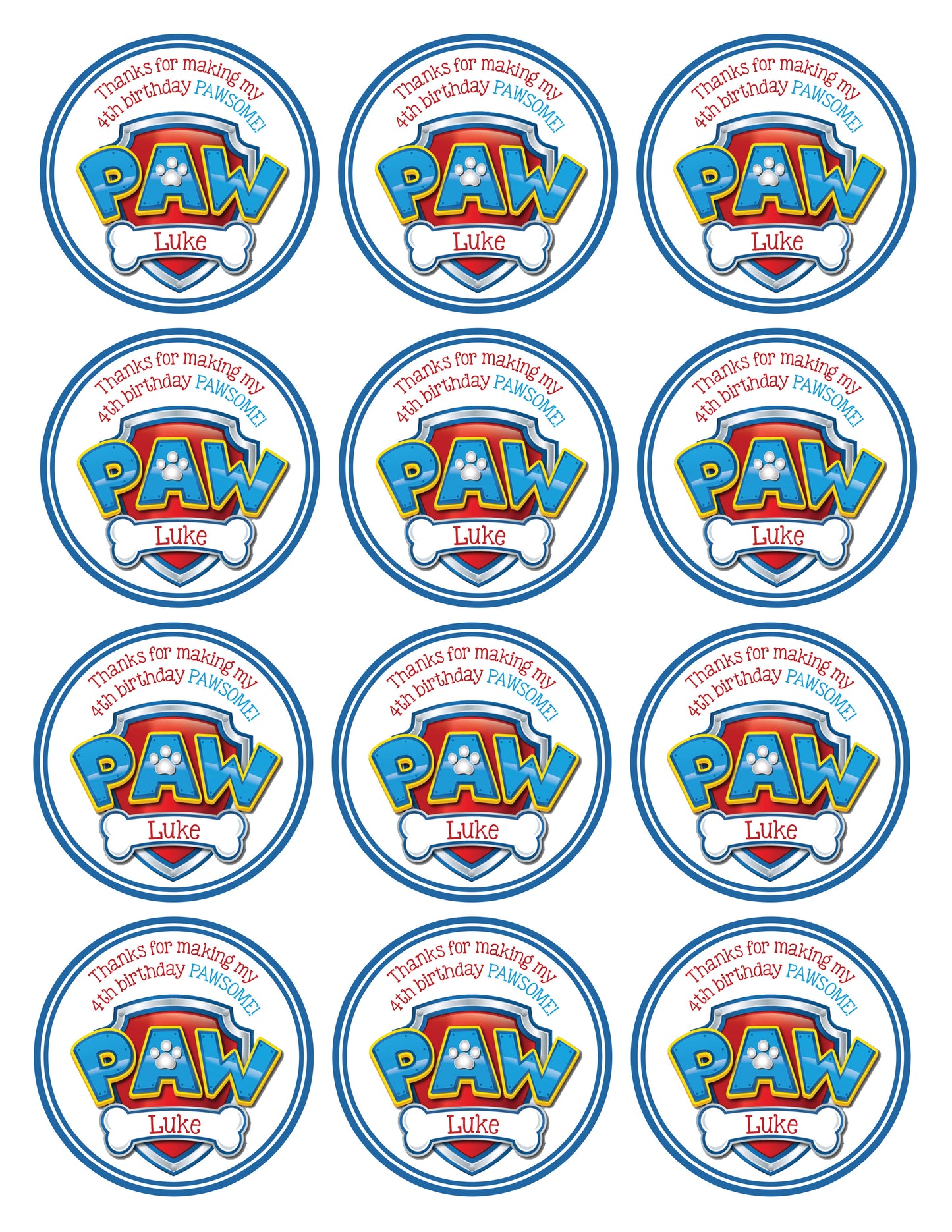 PAW PATROL Shield Printed or Digital Custom Birthday Party Stickers for Gift Bags, Party Favors!