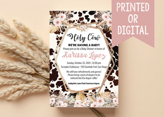 Boho Pampas Holy Cow Baby Shower Invitation - Digital or Printed!