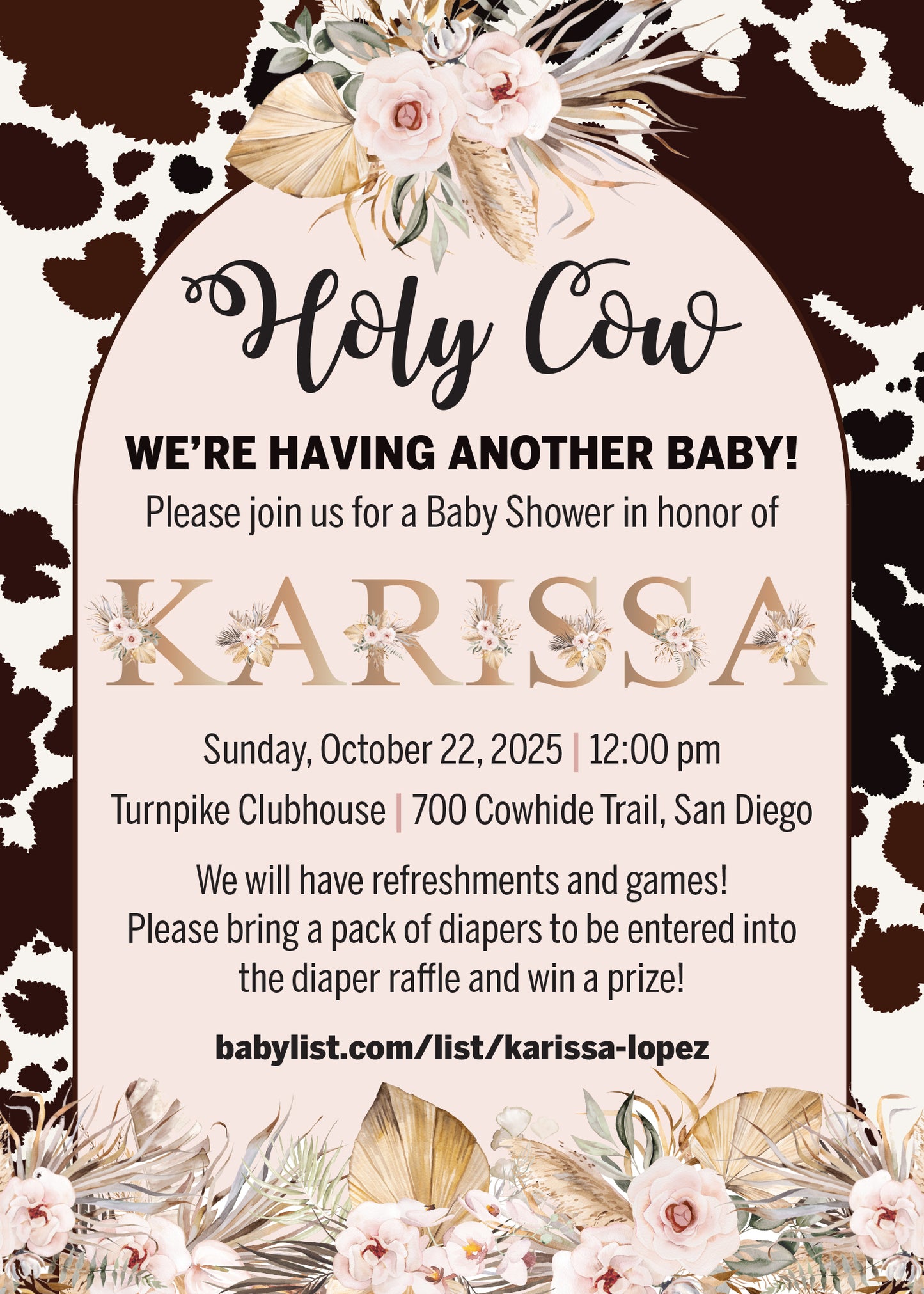 Baby Shower Boho Pampas Holy Cow Invitation - Digital or Printed!