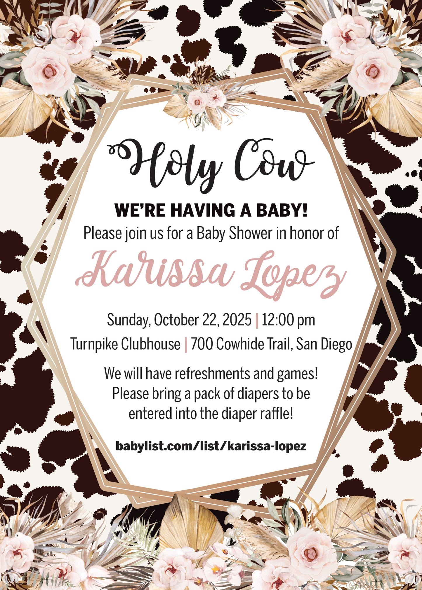Boho Pampas Holy Cow Baby Shower Invitation - Digital or Printed!