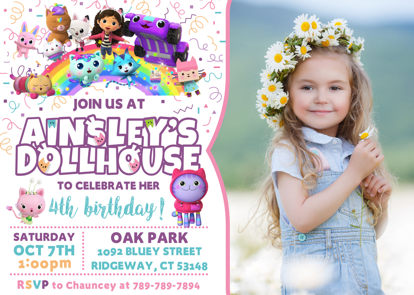 GABBY'S DOLLHOUSE Birthday Party Invitation with or without Photo - Printed or Digital File!