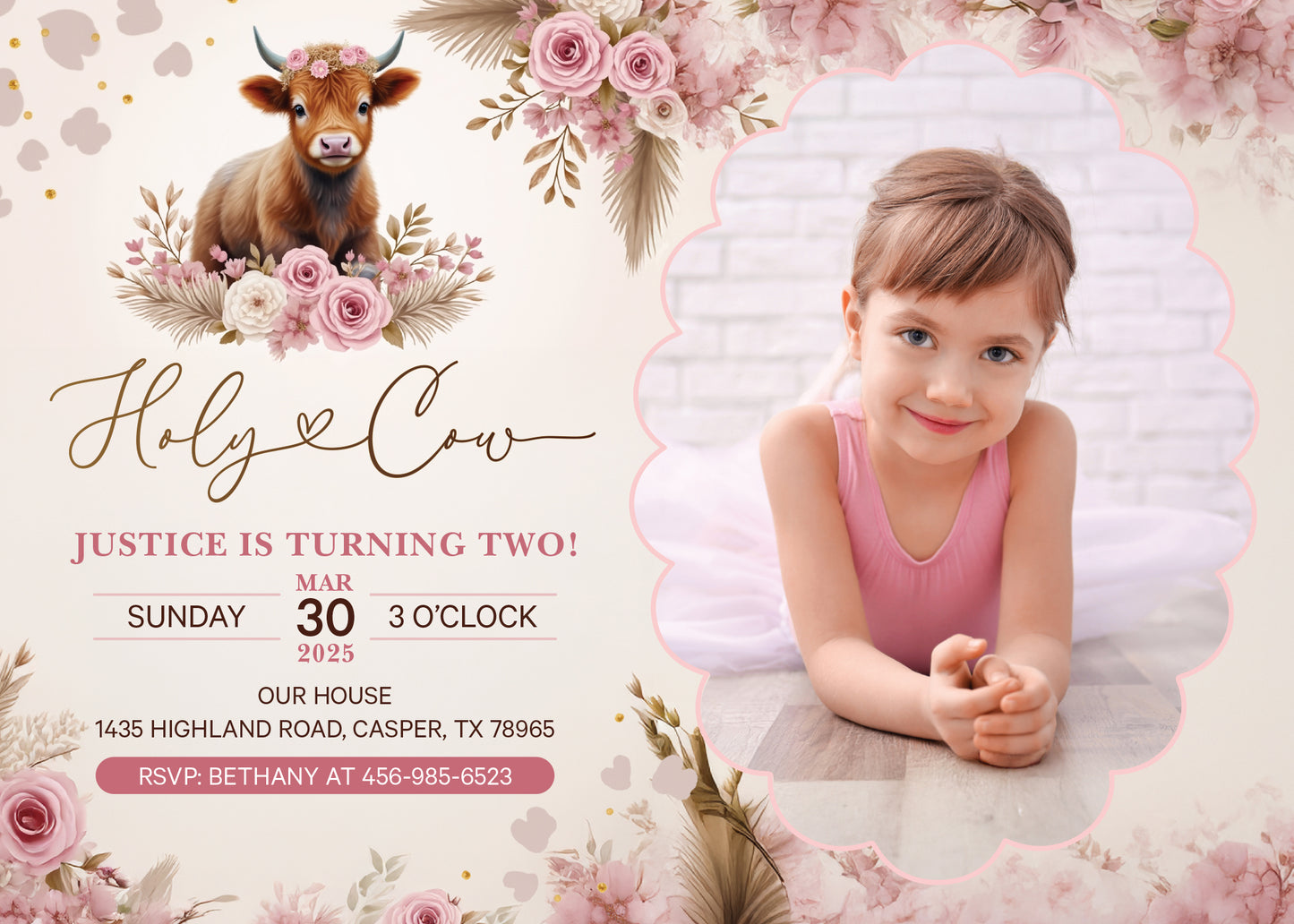 Highland Holy Cow Pink Boho Birthday Party Invitation with or without Photo - Printed or Digital!
