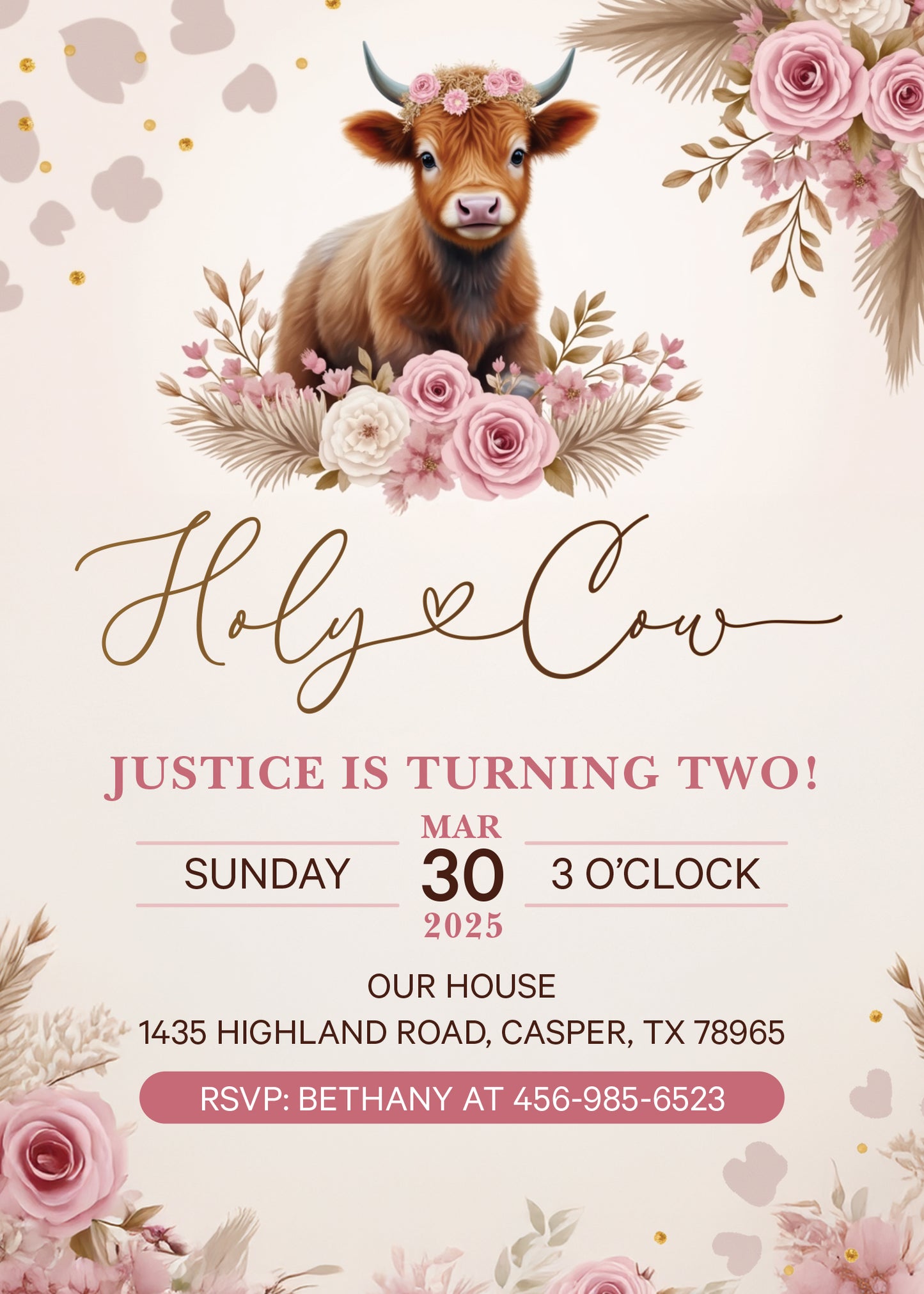 Highland Holy Cow Pink Boho Birthday Party Invitation with or without Photo - Printed or Digital!