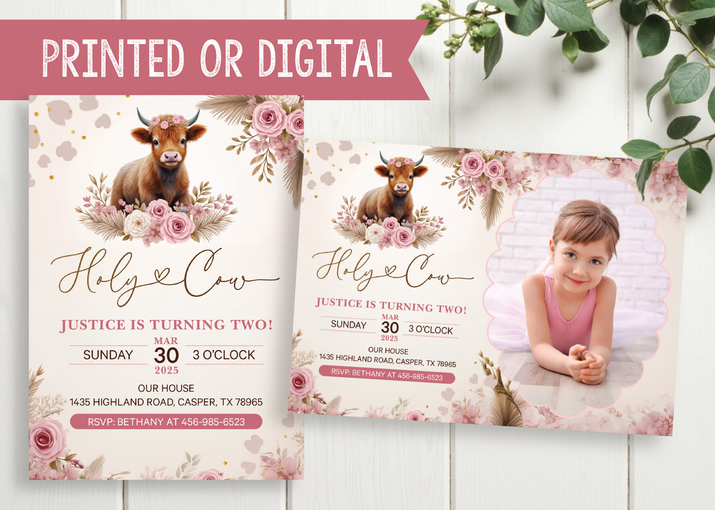 Highland Holy Cow Pink Boho Birthday Party Invitation with or without Photo - Printed or Digital!