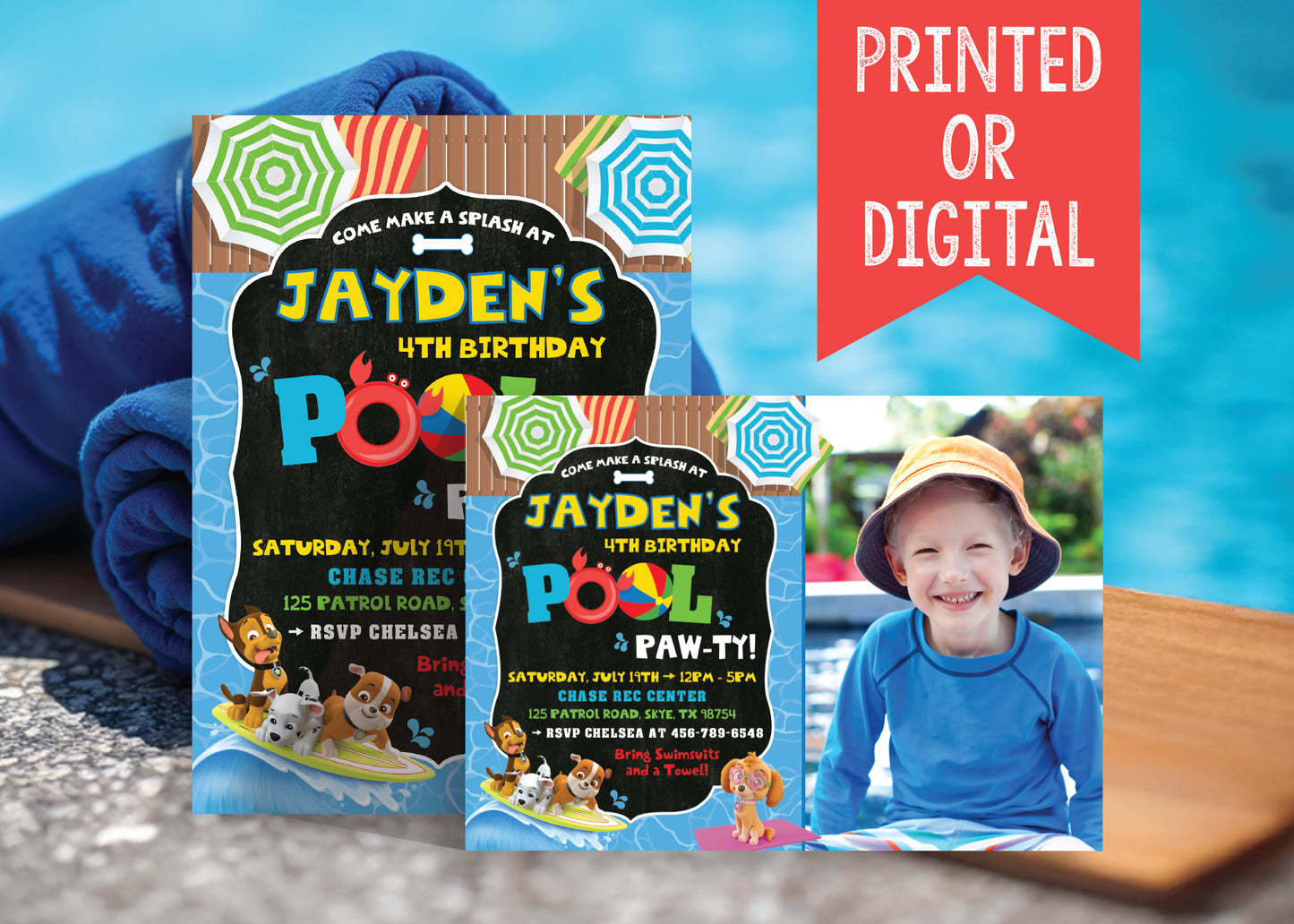 PAW PATROL Pool and Swim Party Birthday Invitation with or without Photo - Printed or Digital File!