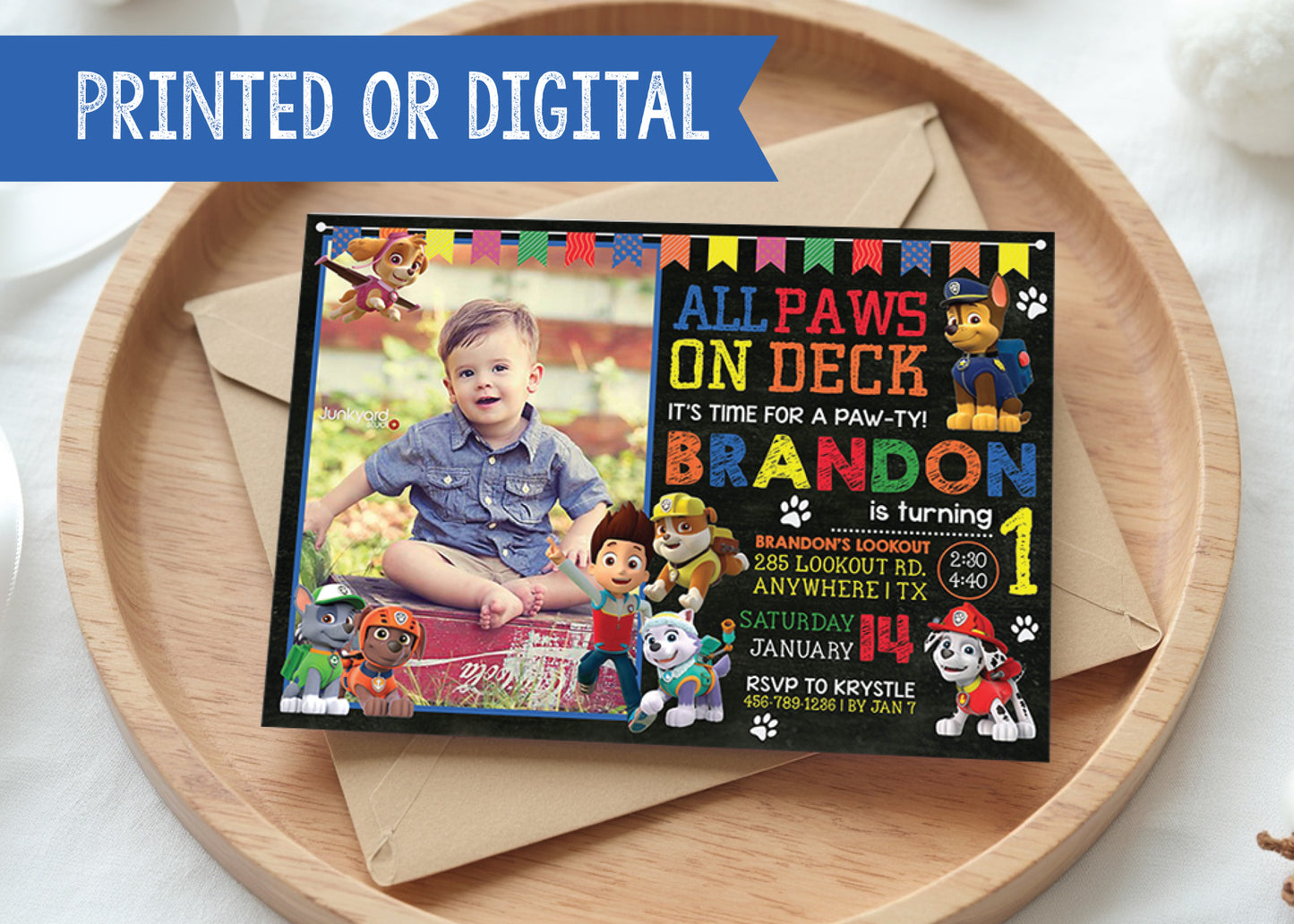 Custom PAW PATROL Digital or Printed Chalkboard Birthday Party Invitation with Photo!