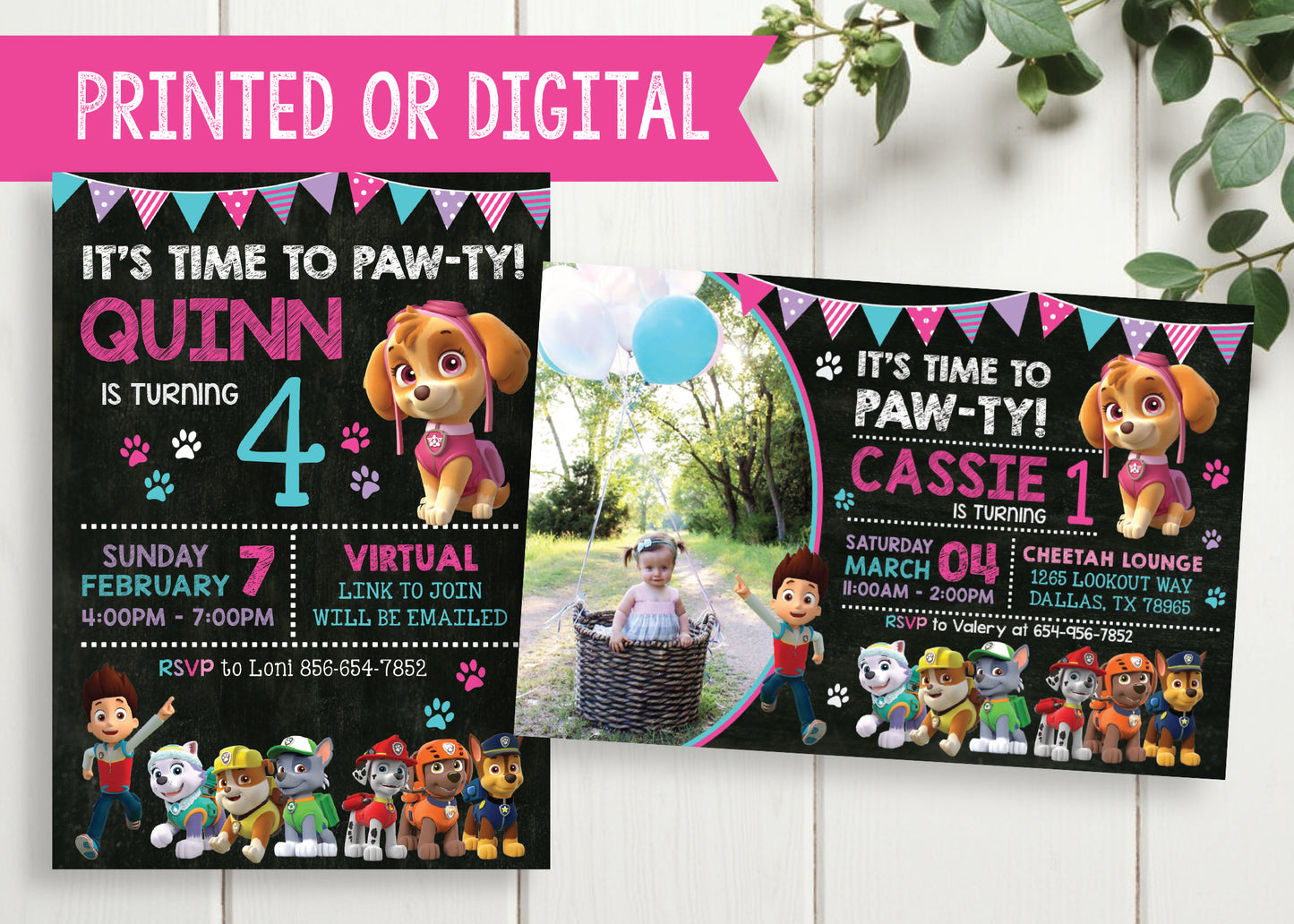 PAW PATROL Girl Digital or Printed Chalkboard Birthday Party Invitation with or without Photo!
