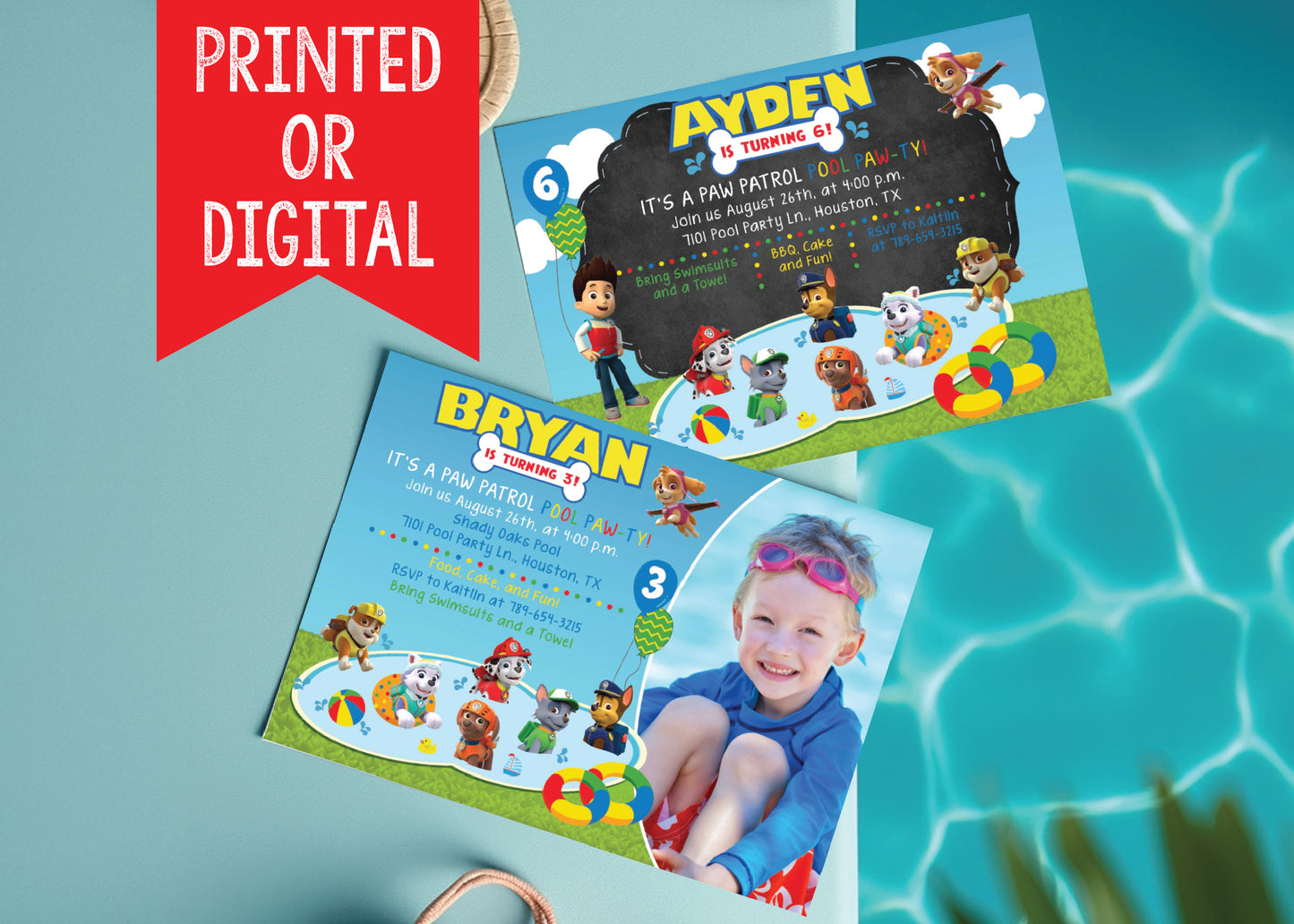 Paw Patrol POOL PARTY Digital or Printed Birthday Party Invitation with or without Photo!