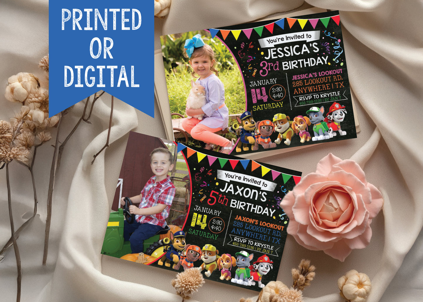 PAW PATROL Boy or Girl Birthday Party Invitation with Photo! Digital or Printed!