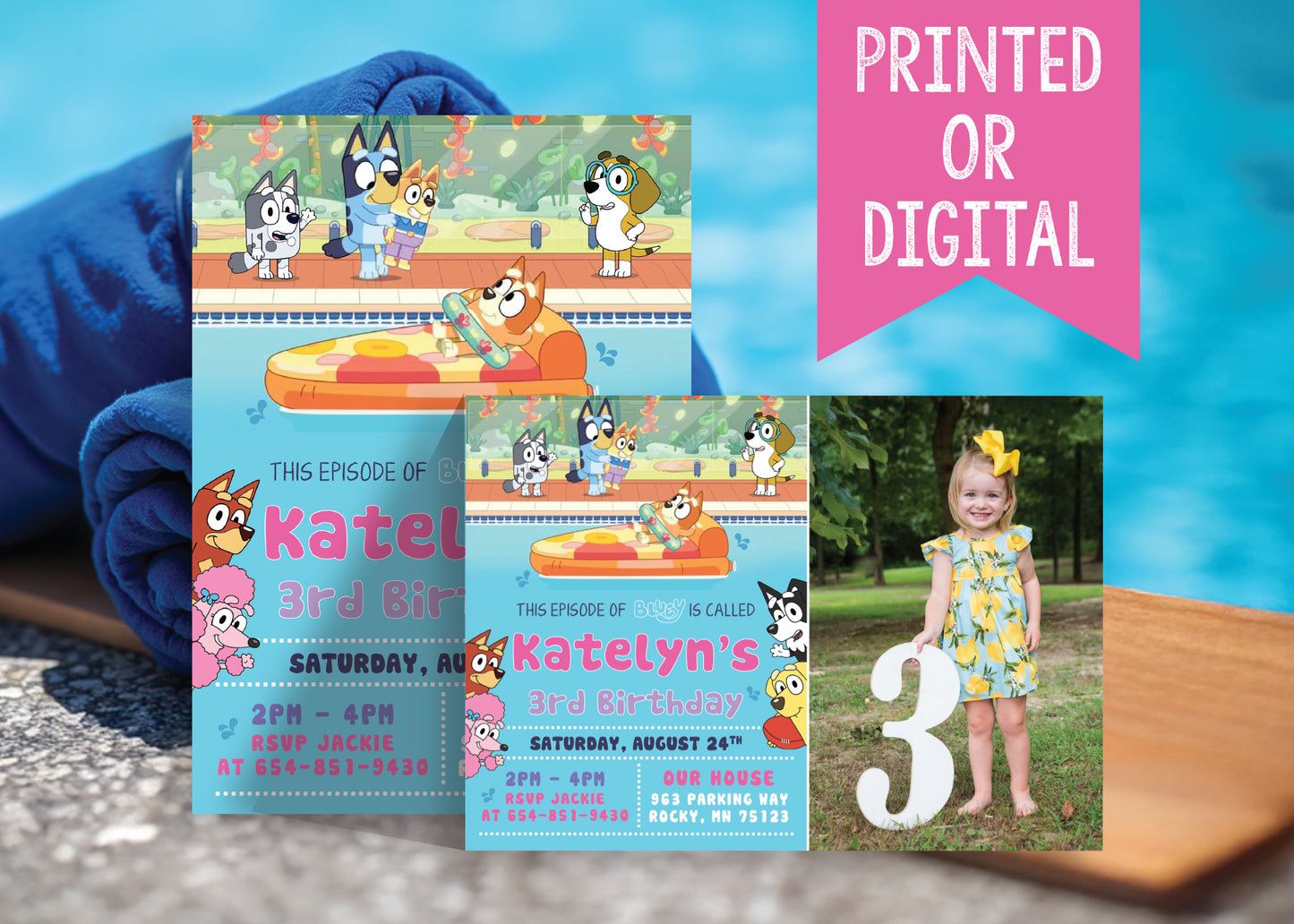 BLUEY Pool Party Birthday Invitation with or without Photo - Printed or Digital File!