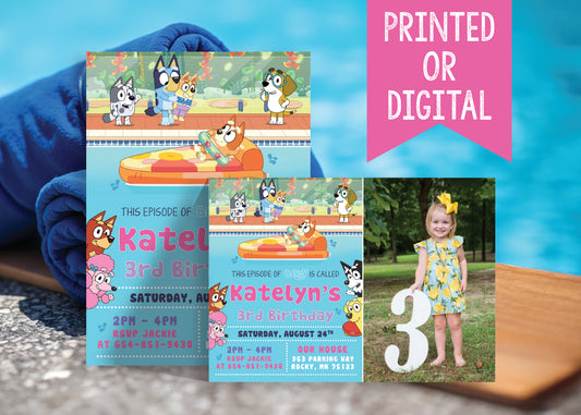BLUEY Pool Party Birthday Invitation with or without Photo - Printed or Digital File!
