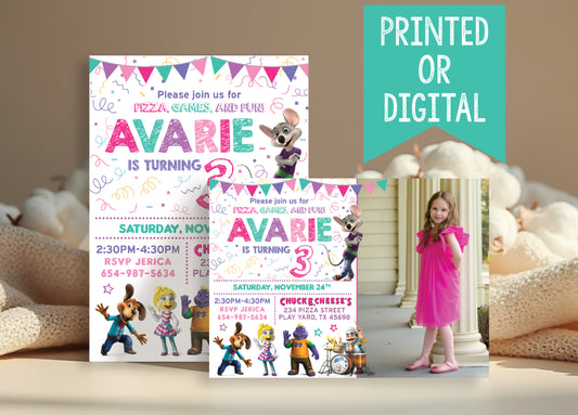 Printed or Digital CHUCK E CHEESE Girl Birthday Party Invitation with or without Photo!