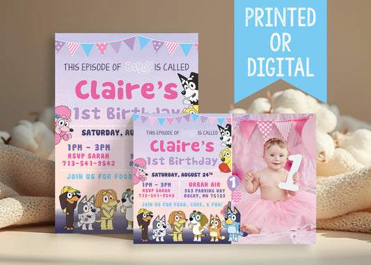 BLUEY Pastel Pink and Purple Birthday Party Invitation with or without Photo - Printed or Digital File
