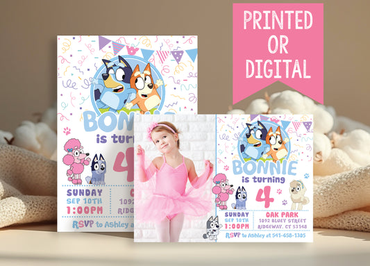 Girl BLUEY Birthday Party Invitation with or without Photo - Printed or Digital File!