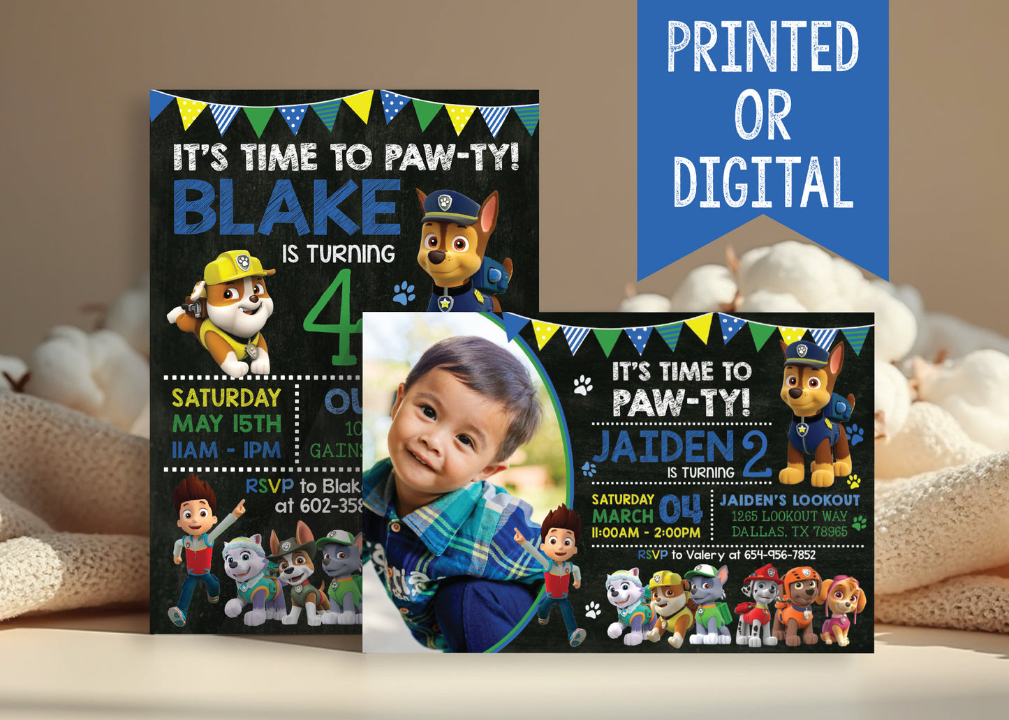 PAW PATROL Boy Digital or Printed Chalkboard Birthday Party Invitation with or without Photo!
