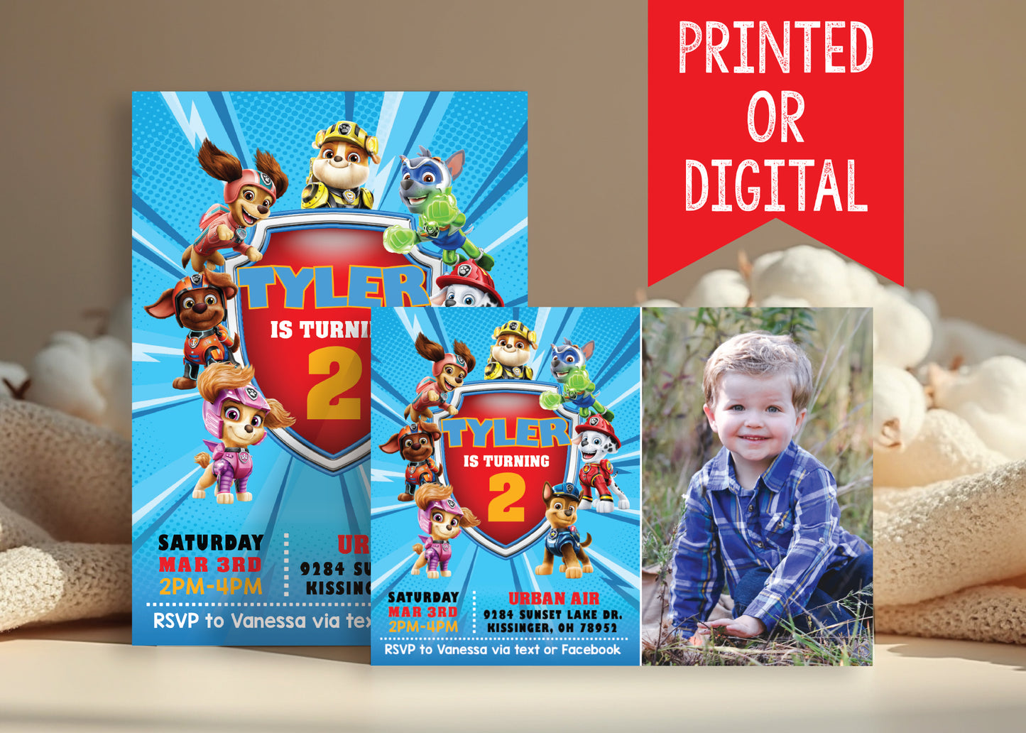 PAW PATROL Blue Mighty Pups Birthday Party Invitation with or without Photo - Printed or Digital File!