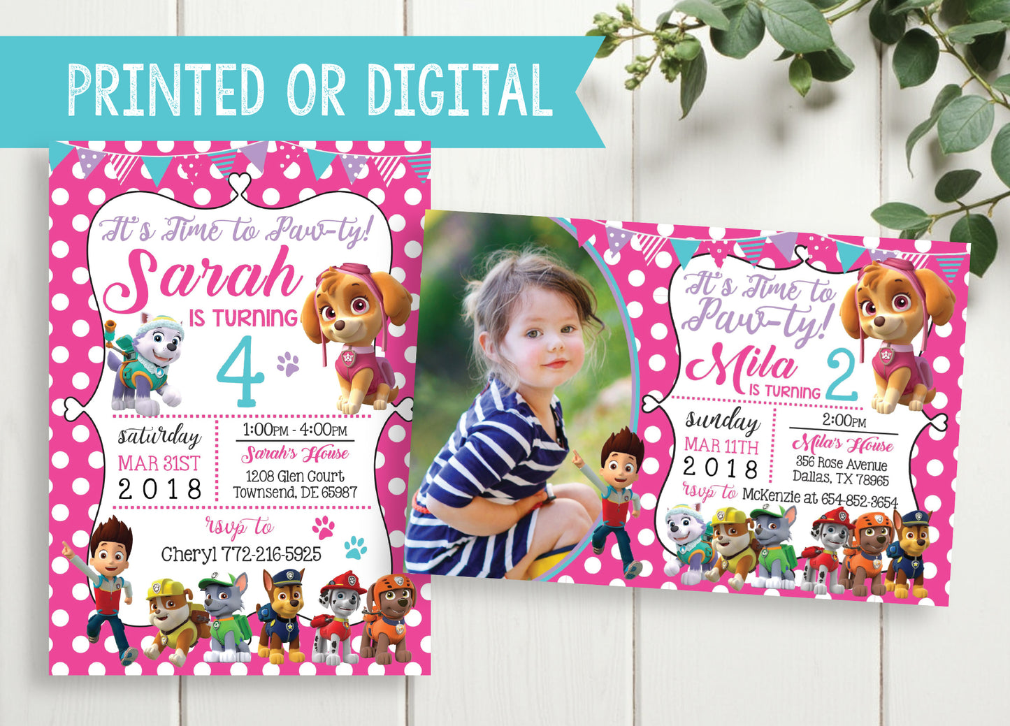 PAW PATROL Digital or Printed PINK Polka-dot Birthday Party Invitation with or without Photo!