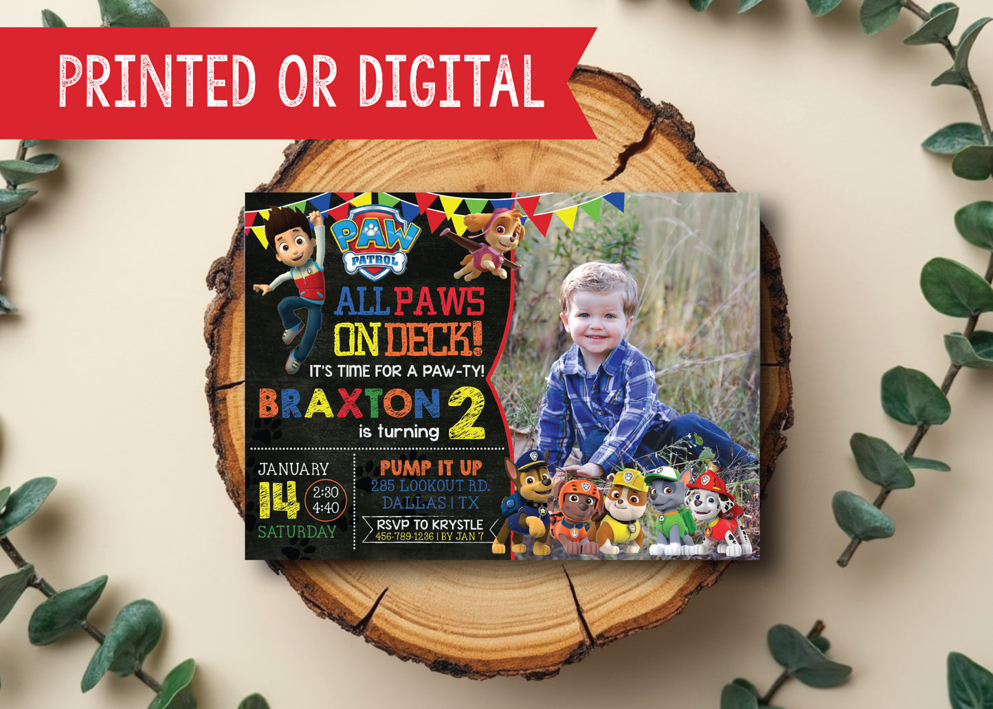 PAW PATROL Custom Digital or Printed Birthday Party Invitation with Photo!