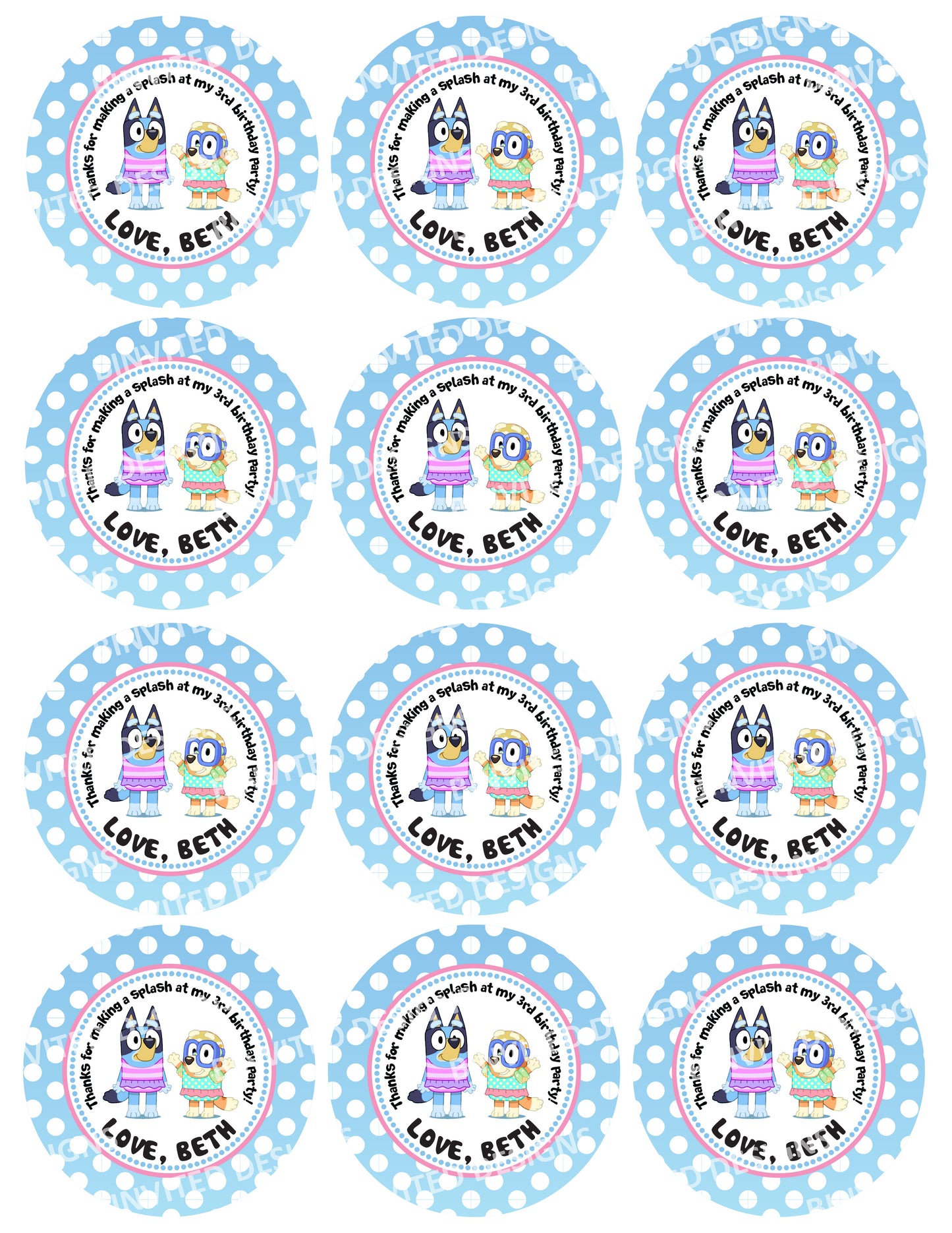 BLUEY Swim Pool Party Digital or Printed Custom Stickers for Gift Bags, Party Favors! Bluey and Bingo!