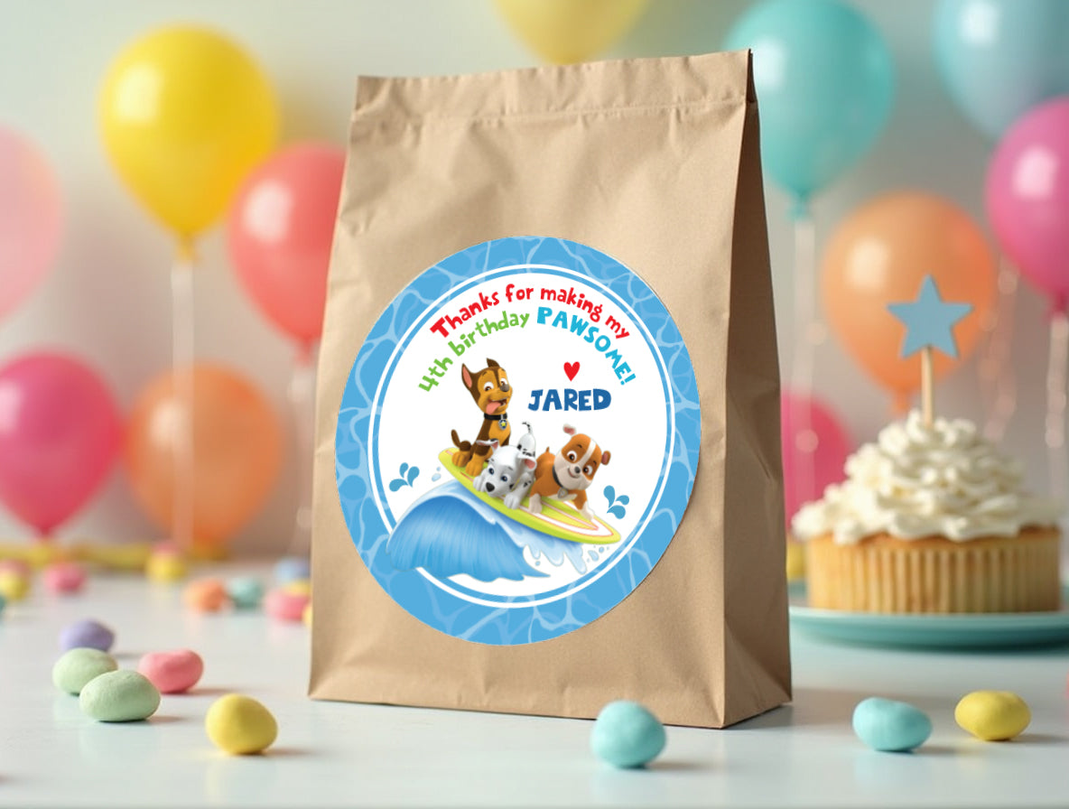 PAW PATROL Pool Party Printed or Digital Custom Birthday Party Stickers for Gift Bags, Party Favors!
