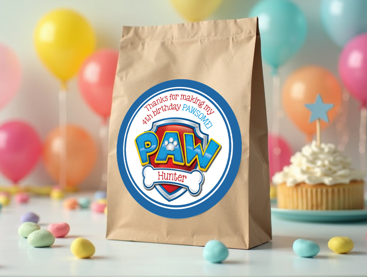 PAW PATROL Shield Printed or Digital Custom Birthday Party Stickers for Gift Bags, Party Favors!