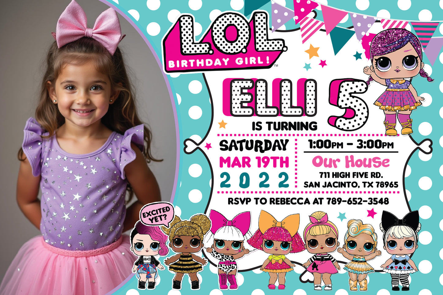 LOL DOLLS Birthday Digital or Printed Invitation with or without Photo!