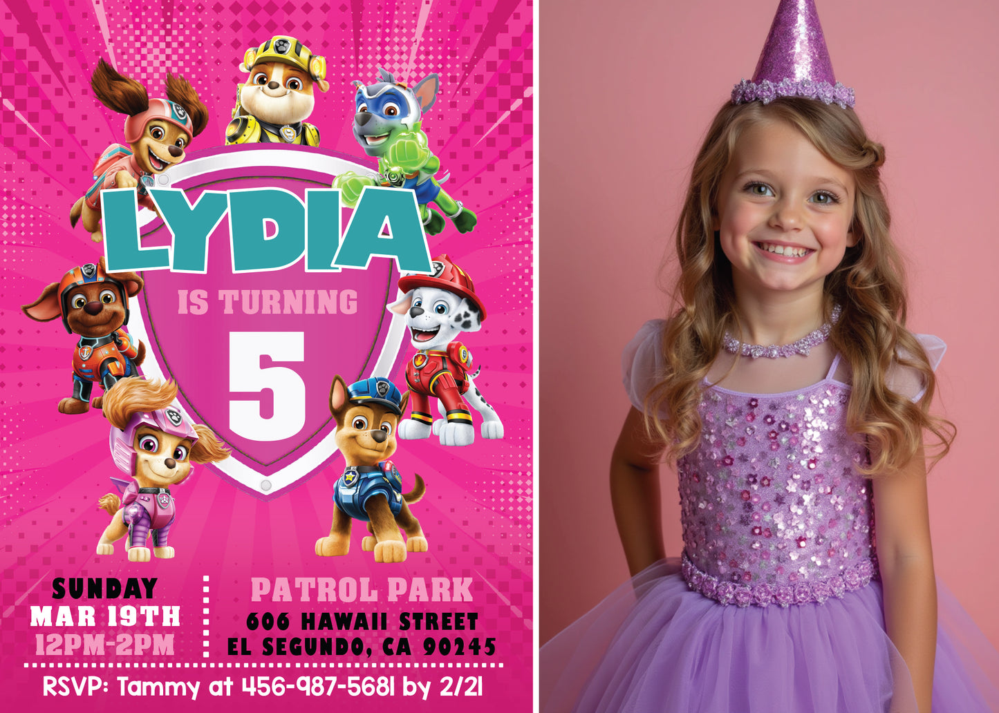 PAW PATROL Pink Mighty Pups Birthday Party Invitation with or without Photo - Printed or Digital File!