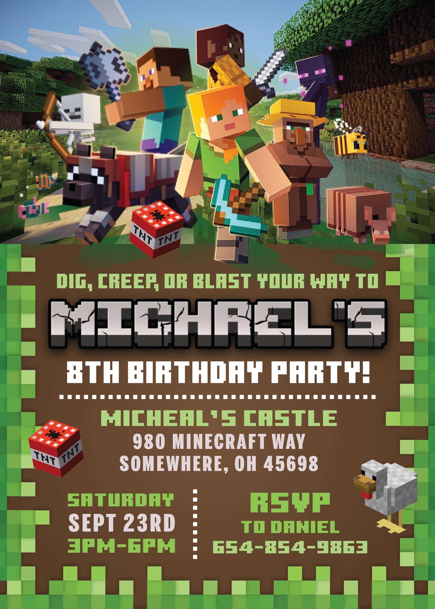 MINECRAFT Birthday Party Invitation with or without Photo - Printed or Digital File!