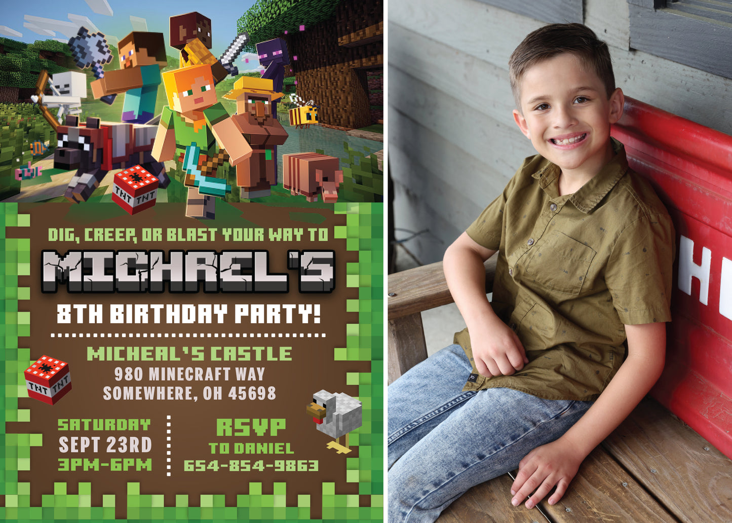 MINECRAFT Birthday Party Invitation with or without Photo - Printed or Digital File!