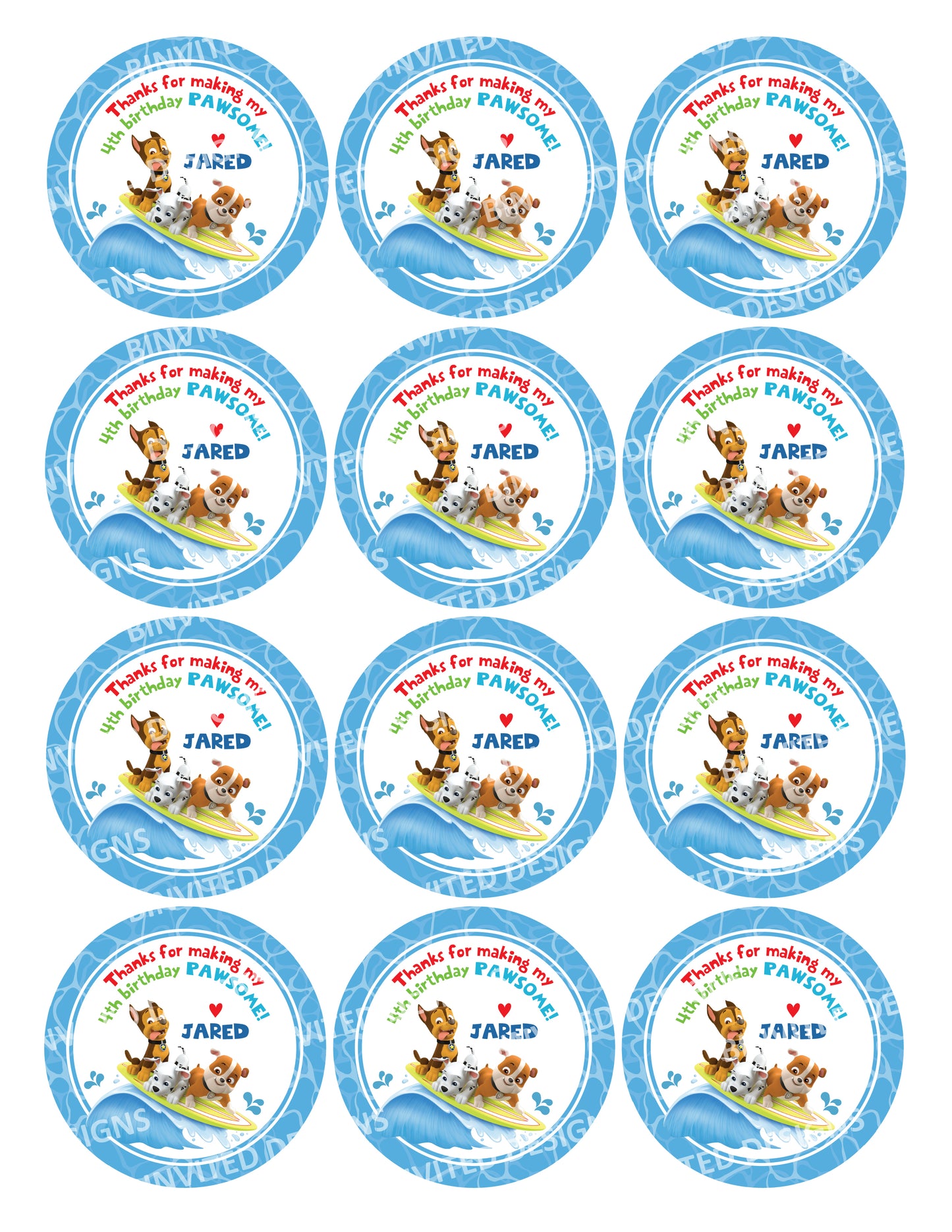 PAW PATROL Pool Party Printed or Digital Custom Birthday Party Stickers for Gift Bags, Party Favors!