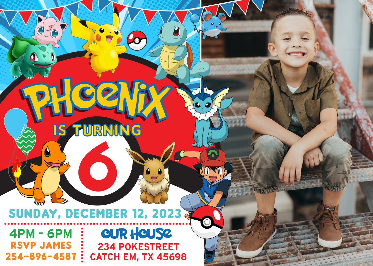 POKEMON Pikachu Birthday Party Invitation with or without Photo - Printed or Digital File!