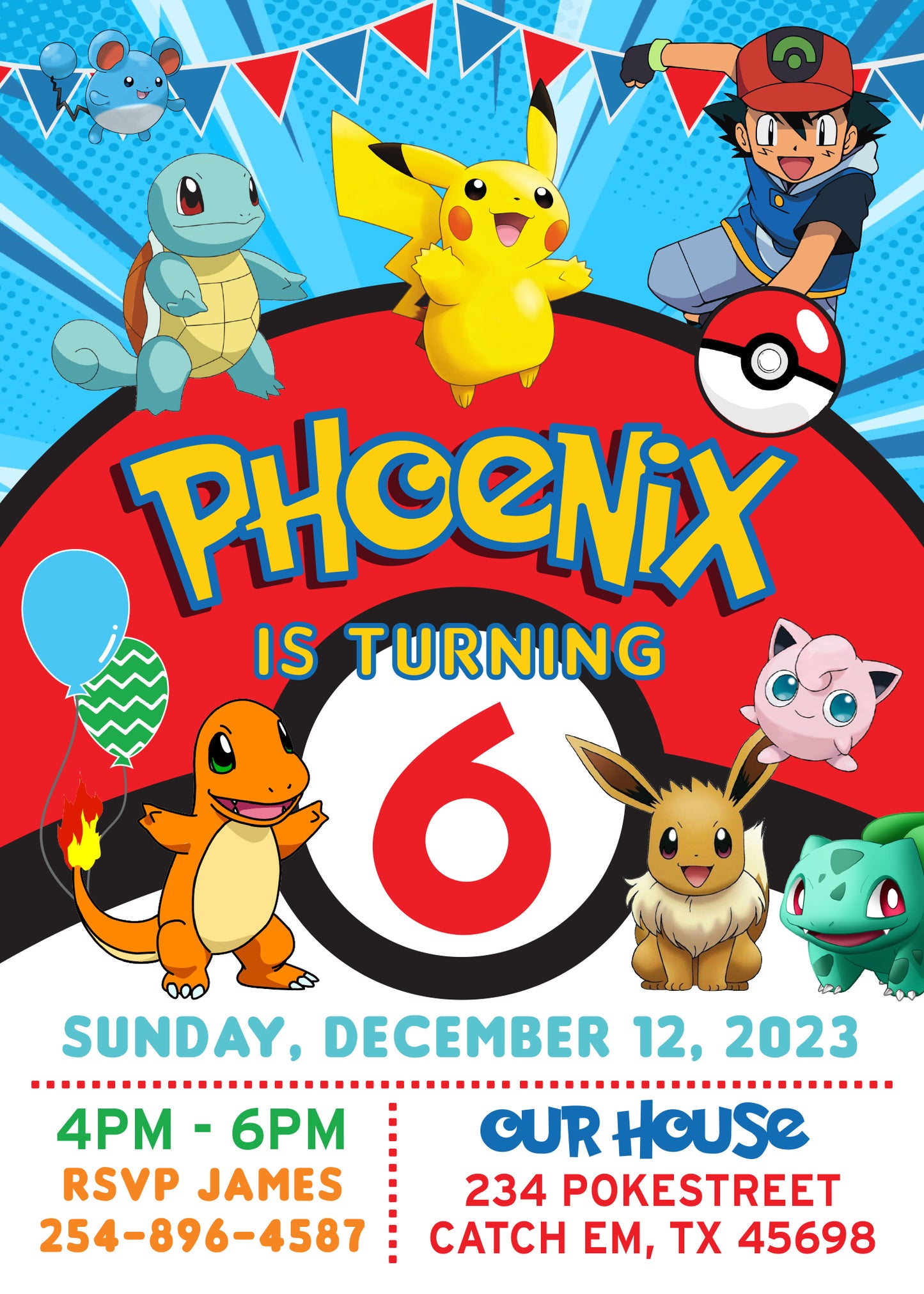 POKEMON Pikachu Birthday Party Invitation with or without Photo - Printed or Digital File!