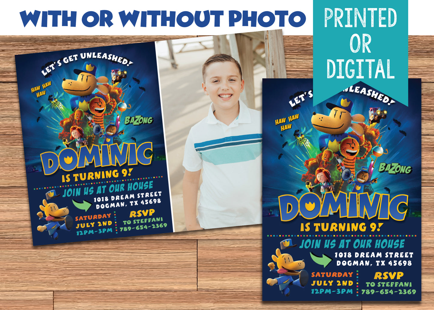 DOGMAN Birthday Party Invitation with or without Photo - Printed or Digital File!