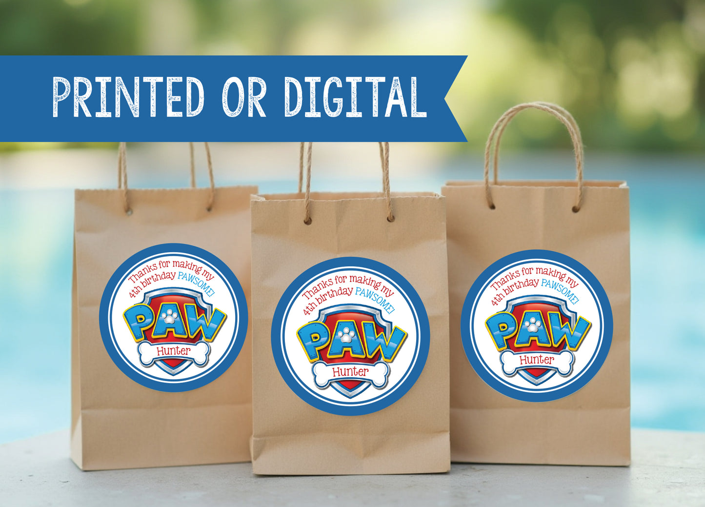 PAW PATROL Shield Printed or Digital Custom Birthday Party Stickers for Gift Bags, Party Favors!