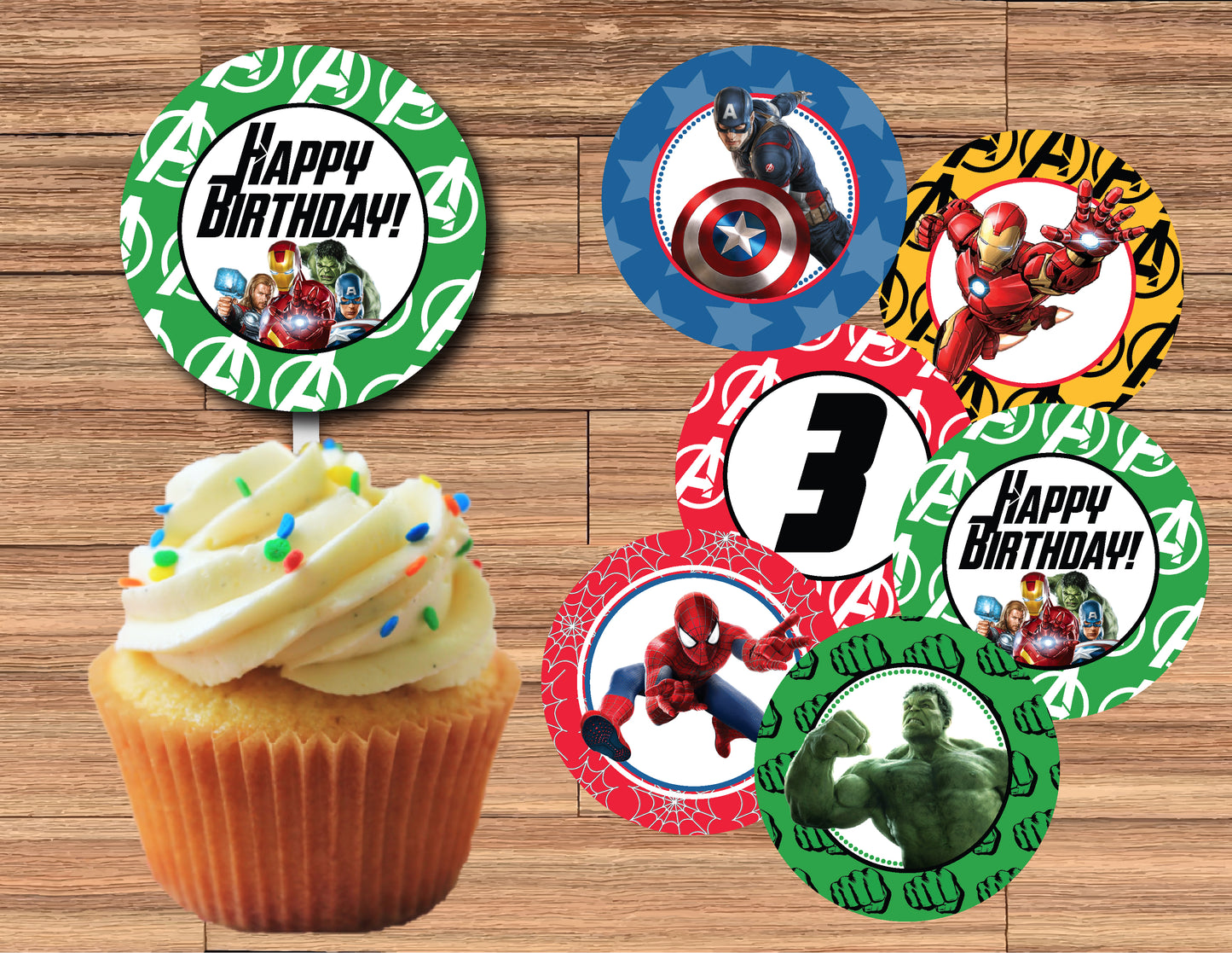 AVENGERS Cupcake Toppers! Hulk, Iron Man, Captain America, Spiderman! 2 Inch or 2.5 Inch! Digital OR Printed & Fully Assembled!