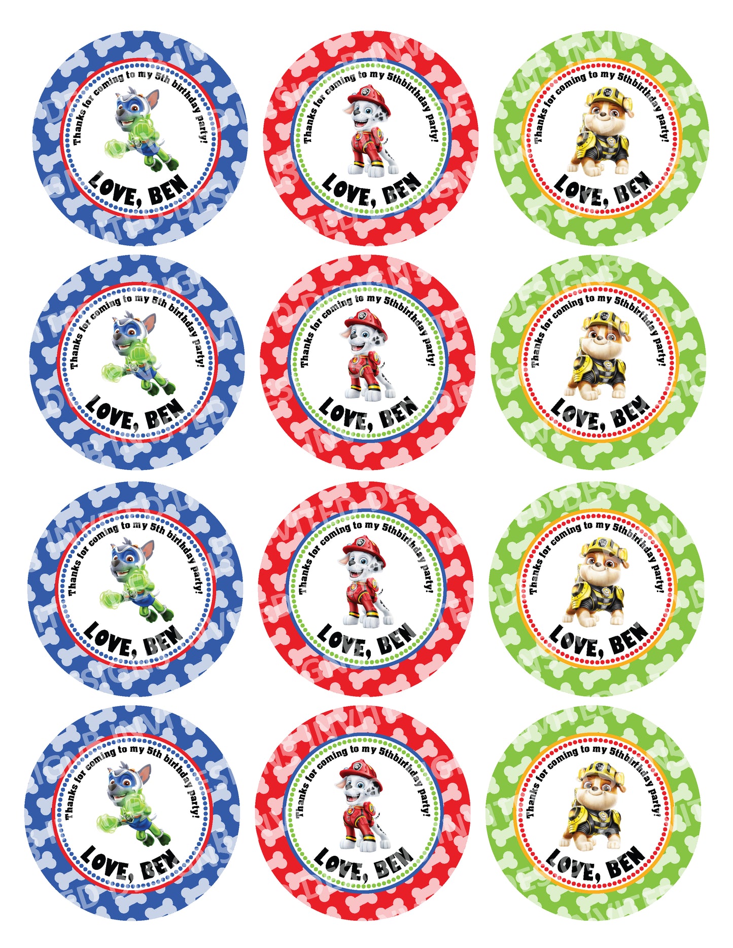 MIGHTY PUPS Custom Stickers for Gift Bags, Party Favors! Printed or Digital! Marshall, Rocky, Rubble!