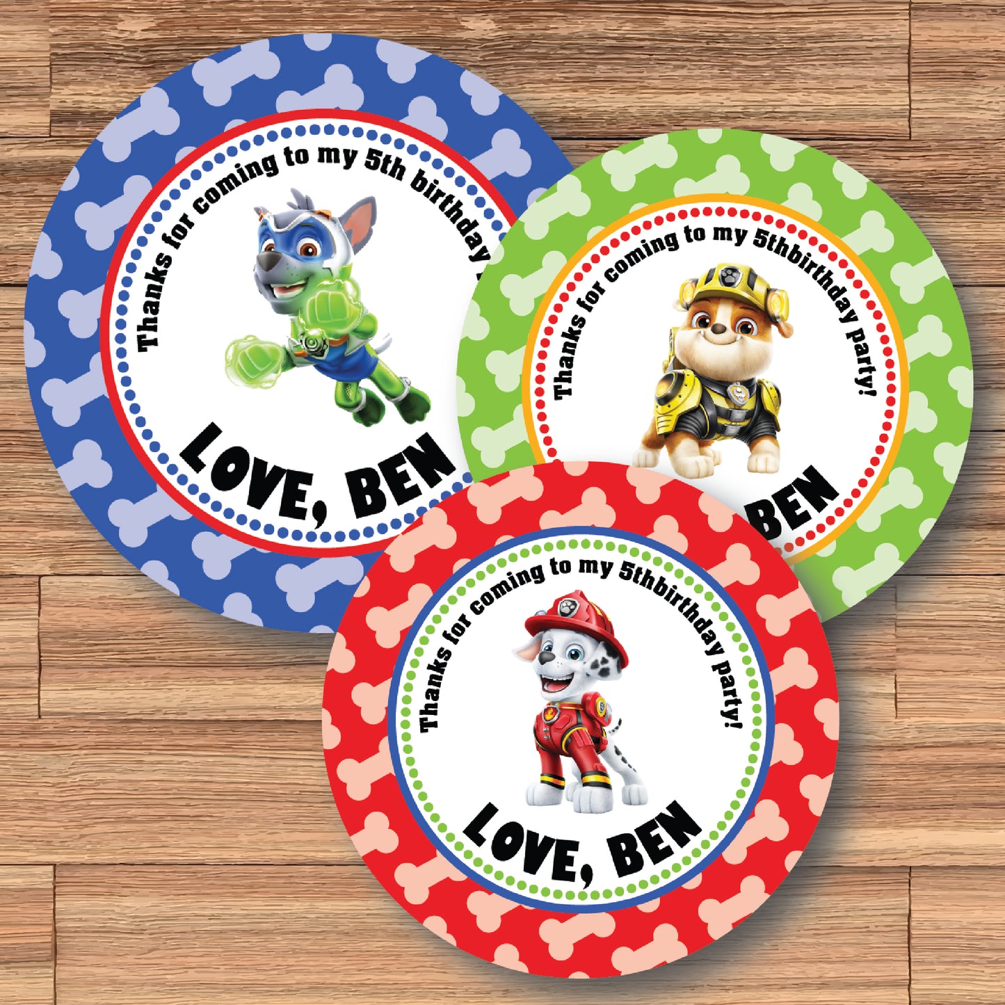MIGHTY PUPS Custom Stickers for Gift Bags, Party Favors! Printed or Digital! Marshall, Rocky, Rubble!