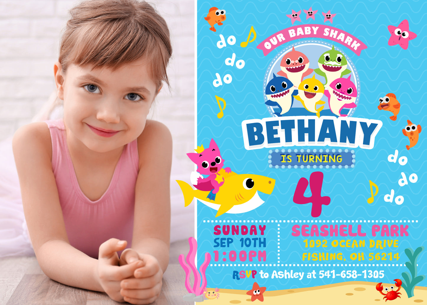 BABY SHARK Digital or Printed Birthday Party Invitation with or without Photo!