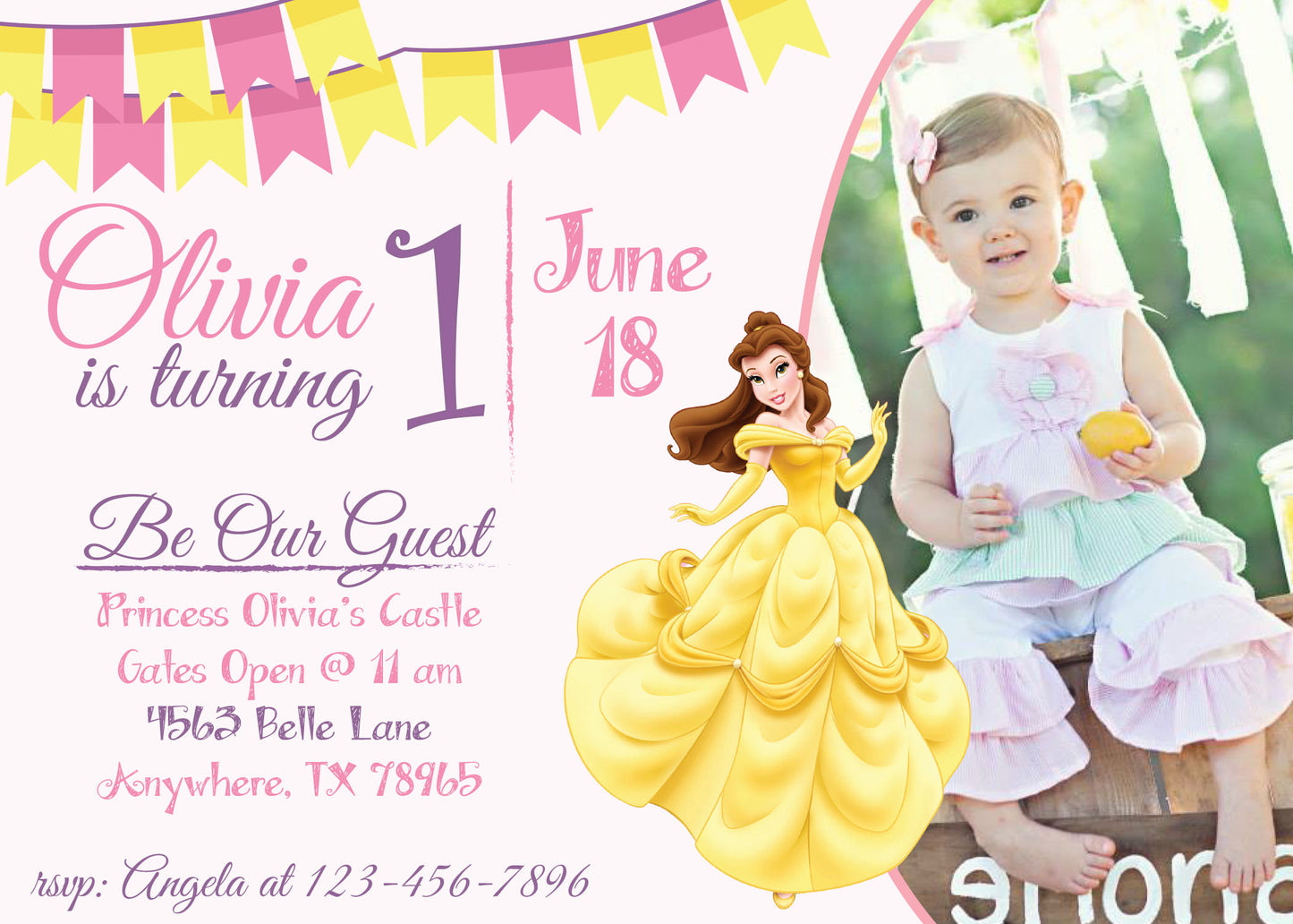 BELLE Beauty and the Beast Printed or Digital Birthday Party Invitation With Photo!