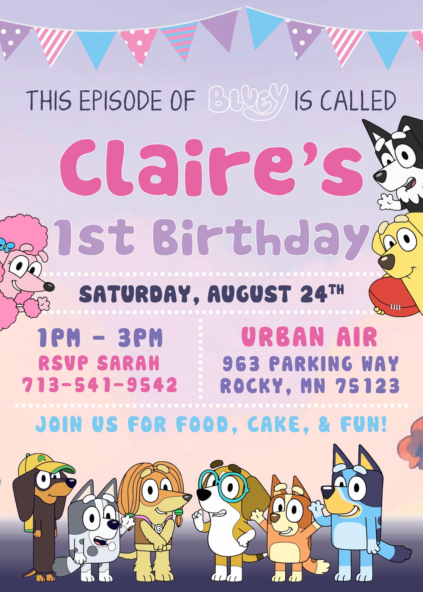 BLUEY Pastel Pink and Purple Birthday Party Invitation with or without Photo - Printed or Digital File