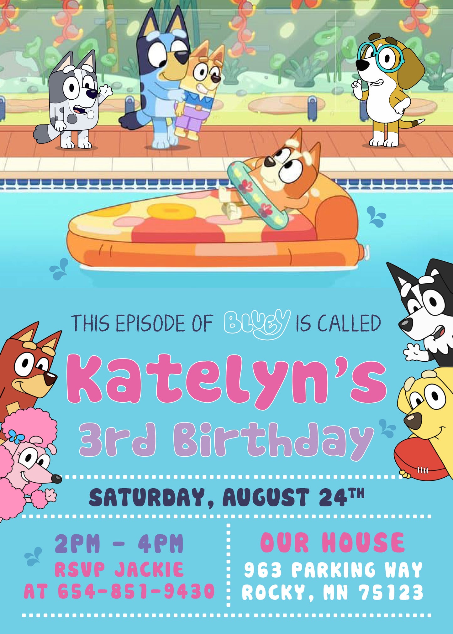 BLUEY Pool Party Birthday Invitation with or without Photo - Printed or Digital File!