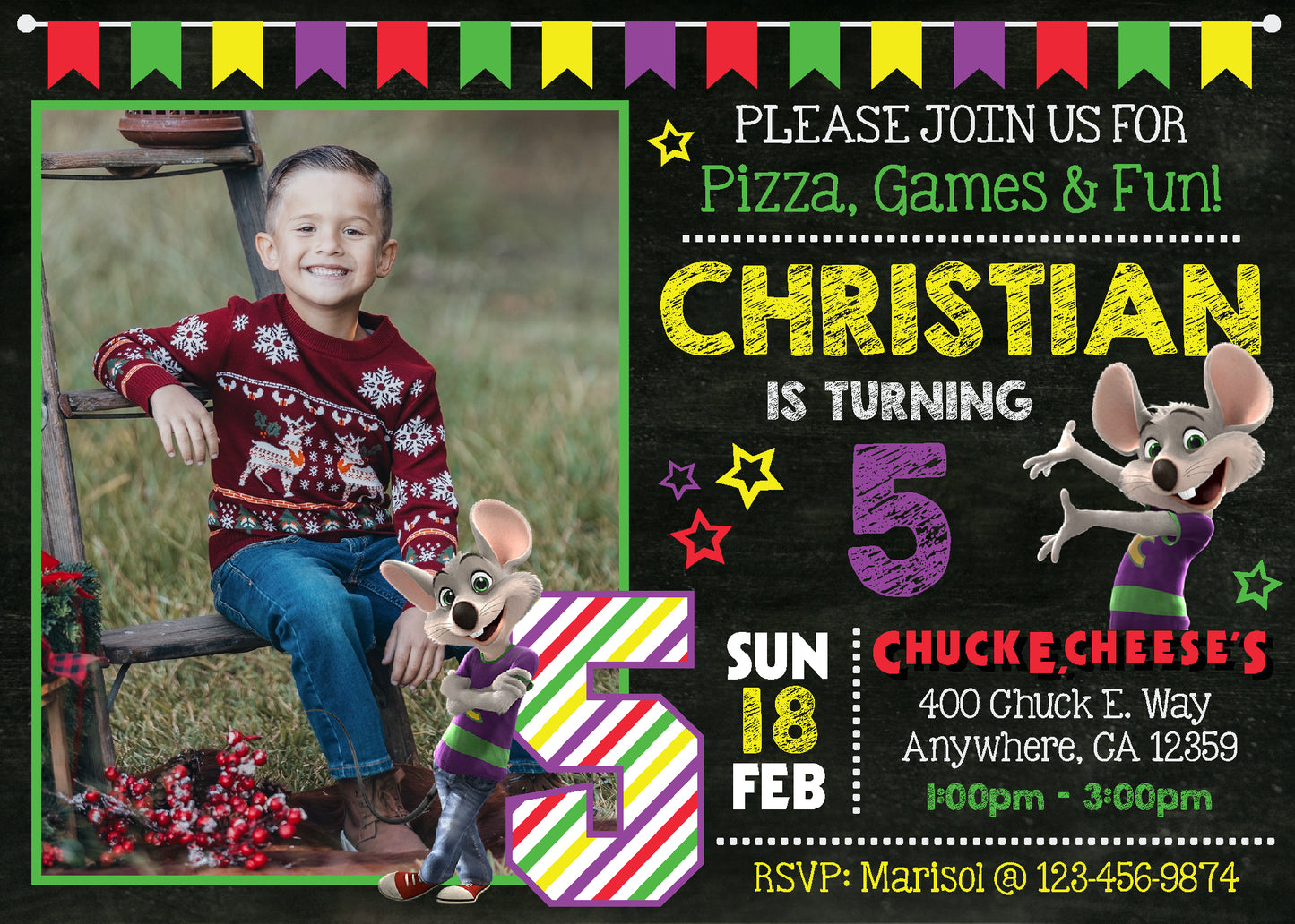 CHUCK E CHEESE Invitation With Photo - Digital or Printed! Choose Your Design!