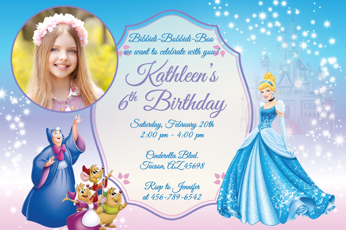 Beautiful CINDERELLA Printed or Digital Birthday Party Invitation With Photo!