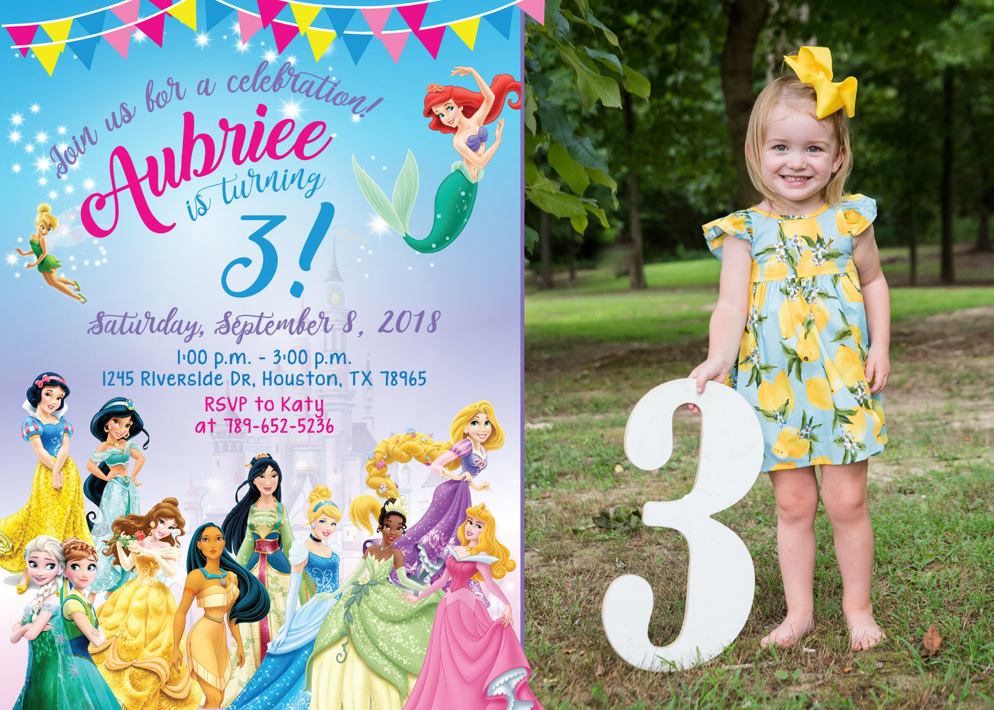 Disney Princess Invitation With or Without Photo! Belle, Snow White, Cinderella, Ariel, Jasmine & more! Printed or Digital!
