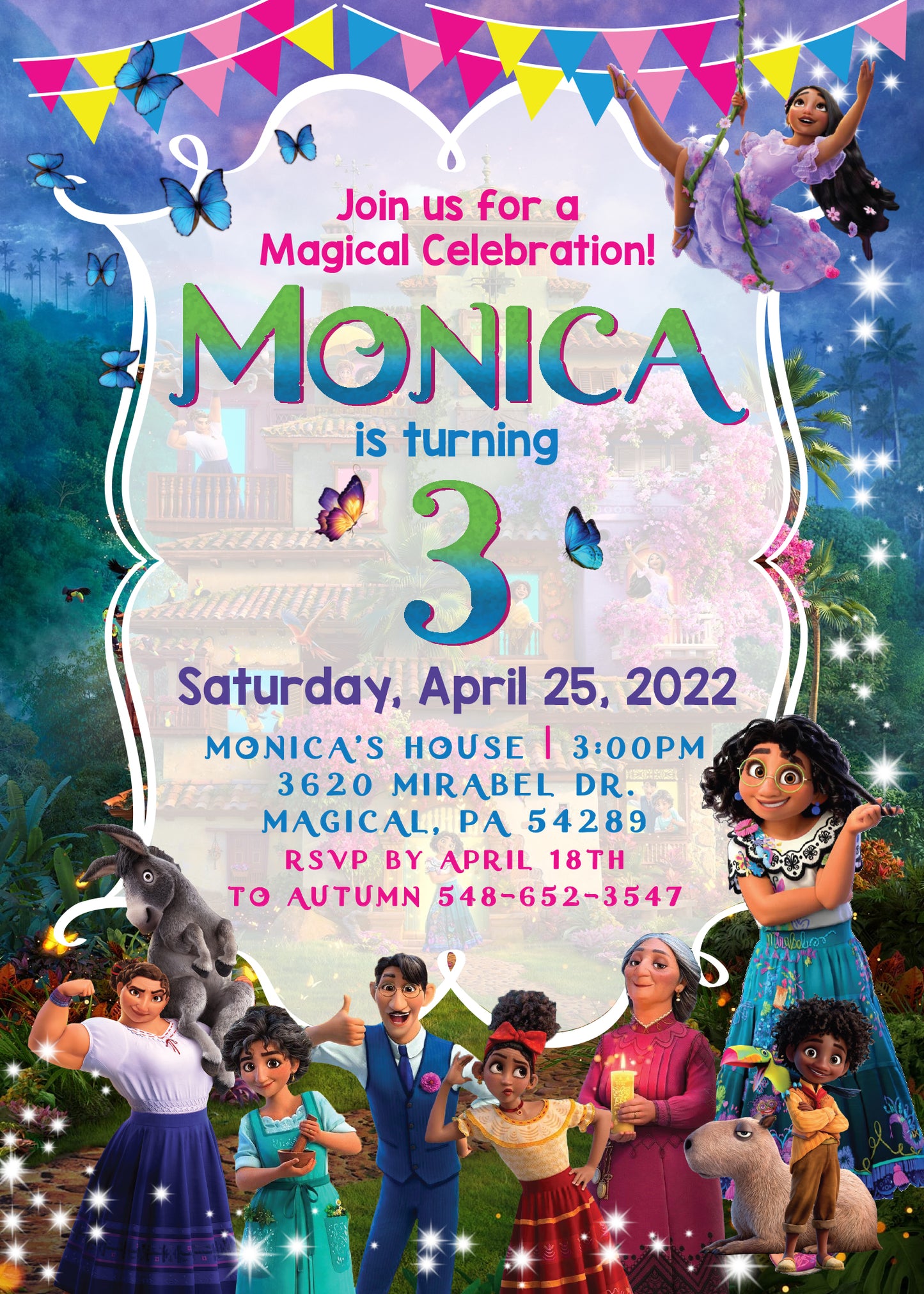 ENCANTO Printed or Digital Birthday Invitation with or without Photo! Mirabel, Isabela, Luisa, Dolores, Antonio!