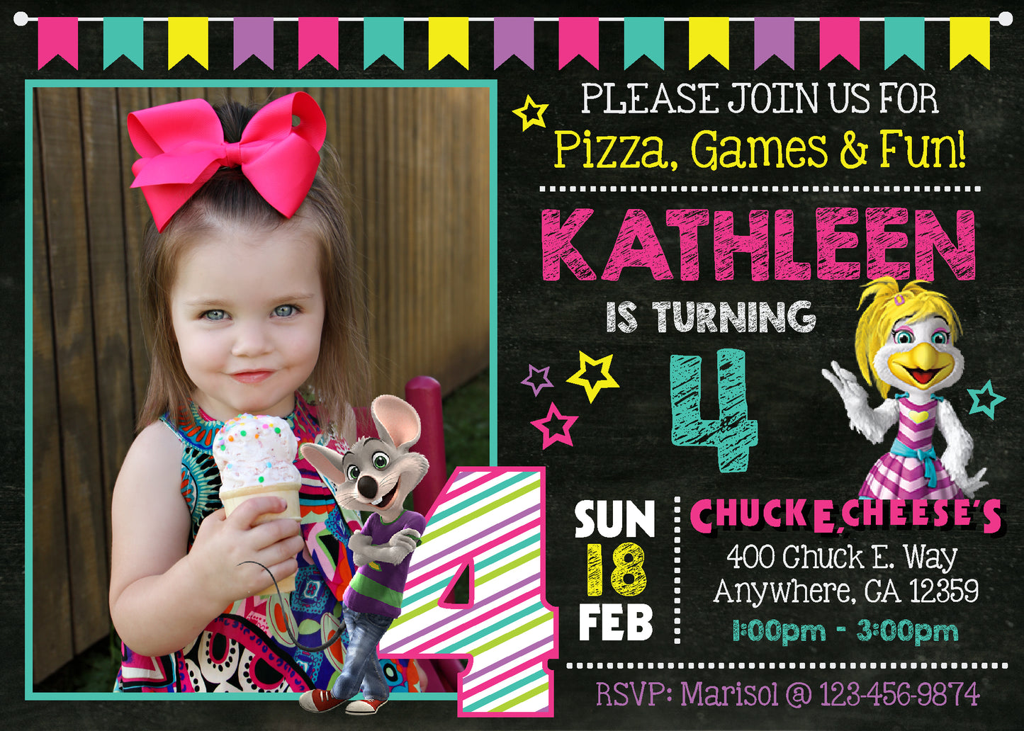 CHUCK E CHEESE Invitation With Photo - Digital or Printed! Choose Your Design!