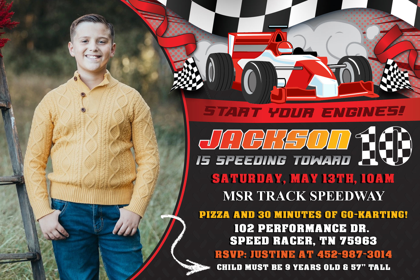 GO KART RACING Birthday Party Invitation with or without Photo - Printed or Digital File!