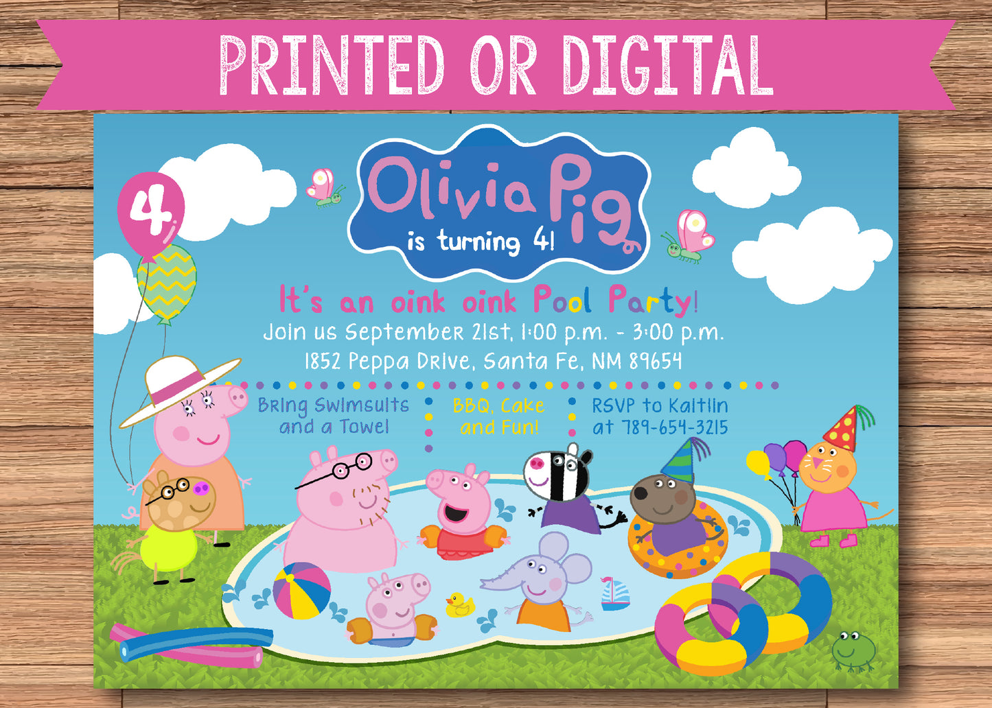 Custom PEPPA PIG & Friends Pool Party Printed OR Digital Pool Bash Birthday Invitation!